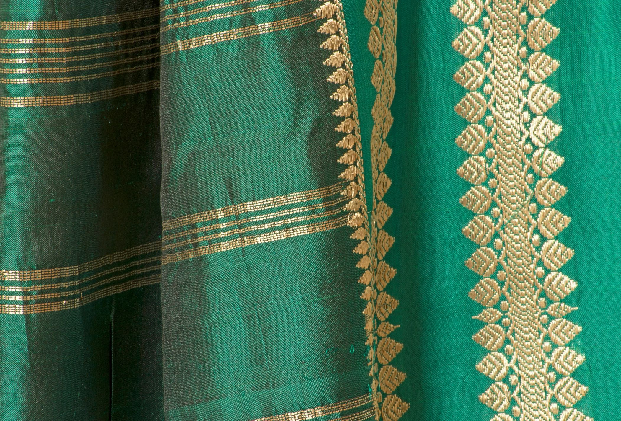 Green sari fabric with intricate gold pattern